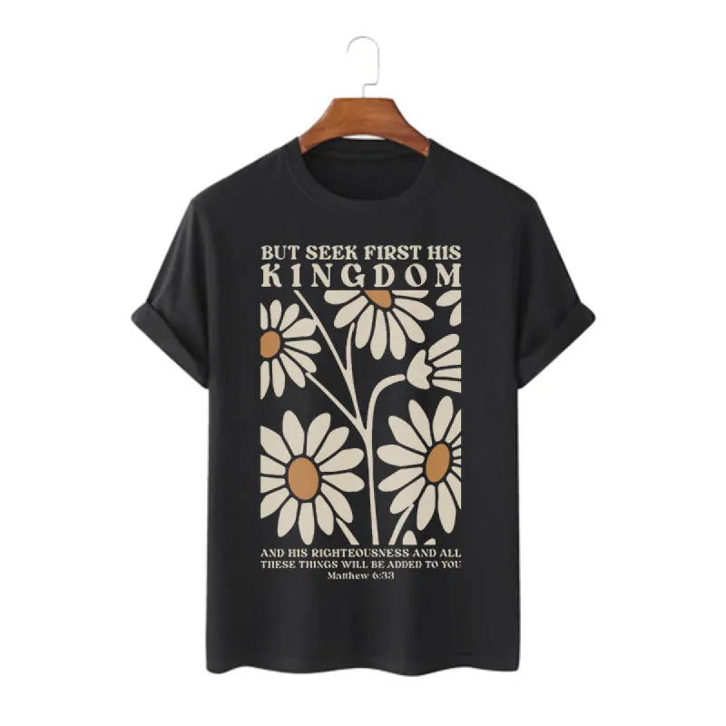 Christianartworkshop Quotation Style Matthew 6:33 But Seek First His Kingdom Floral Short Sleeve Washed T-shirt sold by Christian Art Workshop