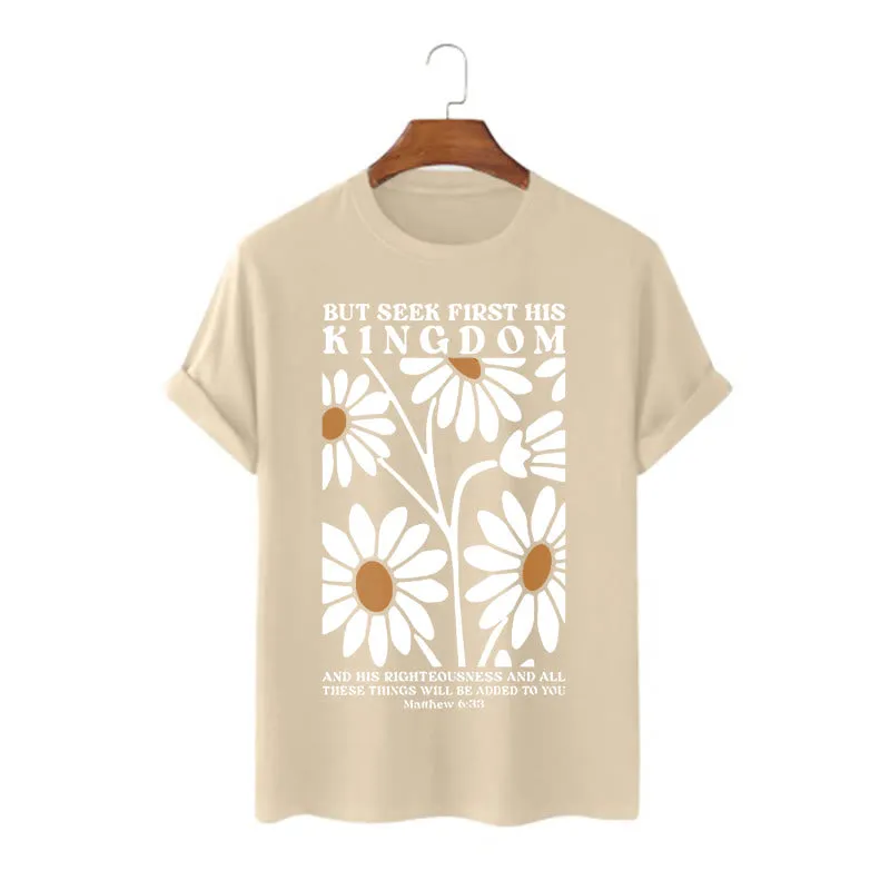 Christianartworkshop Quotation Style Matthew 6:33 But Seek First His Kingdom Floral Short Sleeve Washed T-shirt sold by Christian Art Workshop product image thumbnail 5