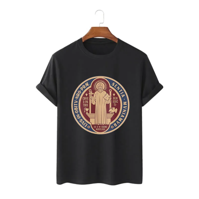 Christianartworkshop Classic Style Iconic Saint Benedict Medal Blessing Short Sleeve Washed T-shirt sold by Christian Art Workshop
