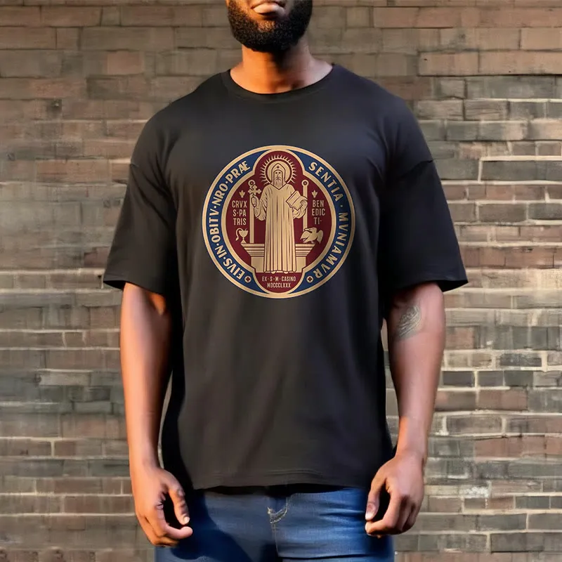 Christianartworkshop Classic Style Iconic Saint Benedict Medal Blessing Short Sleeve Washed T-shirt sold by Christian Art Workshop product image thumbnail 5