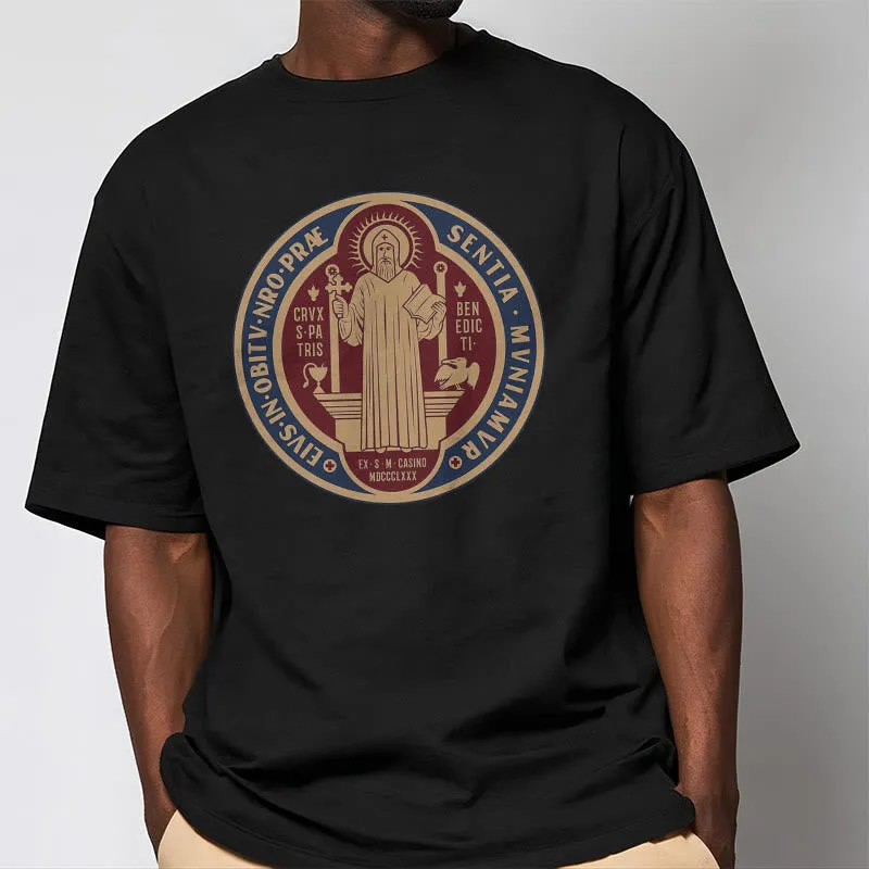 Christianartworkshop Classic Style Iconic Saint Benedict Medal Blessing Short Sleeve Washed T-shirt sold by Christian Art Workshop product image thumbnail 3