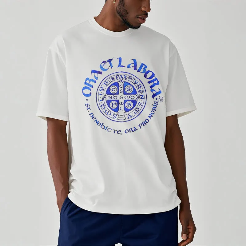 Christianartworkshop Classic Style Ora et Labora Saint Benedict Medal Short Sleeve Washed T-shirt sold by Christian Art Workshop product image thumbnail 3