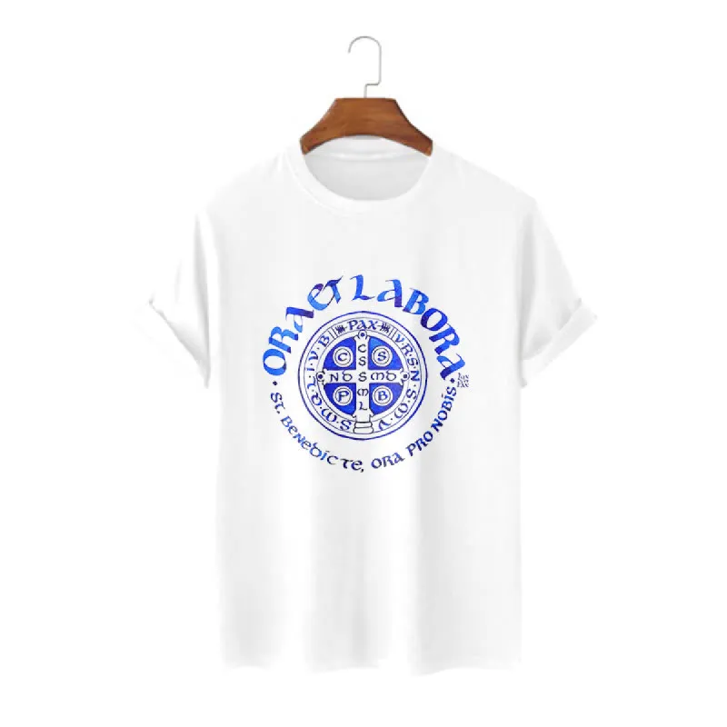 Christianartworkshop Classic Style Ora et Labora Saint Benedict Medal Short Sleeve Washed T-shirt sold by Christian Art Workshop