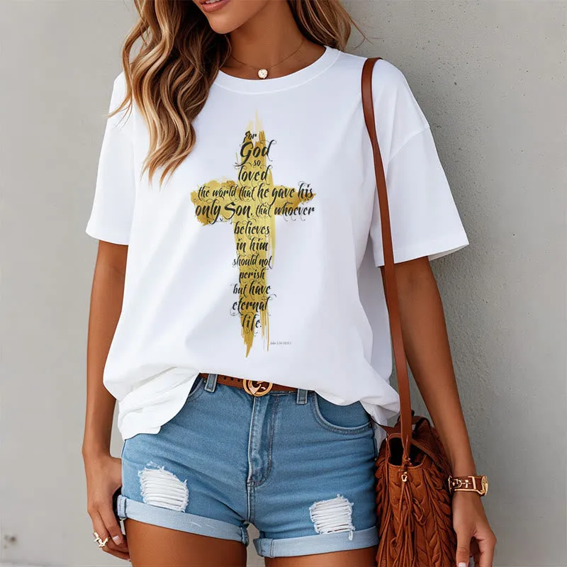 Christianartworkshop Quotation Style Golden Cross Scripture - John 3:16 Short Sleeve T-shirt sold by Christian Art Workshop product image thumbnail 3