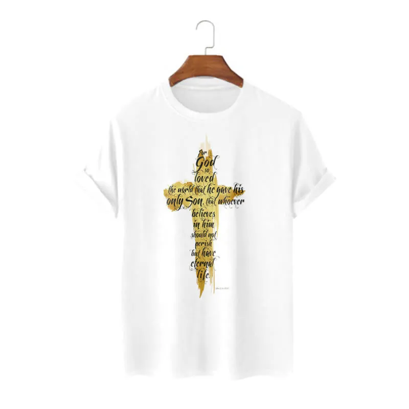 Christianartworkshop Quotation Style Golden Cross Scripture - John 3:16 Short Sleeve T-shirt sold by Christian Art Workshop
