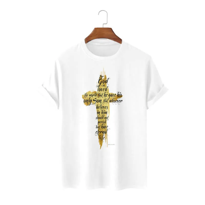 Christianartworkshop Quotation Style Golden Cross Scripture - John 3:16 Short Sleeve T-shirt sold by Christian Art Workshop