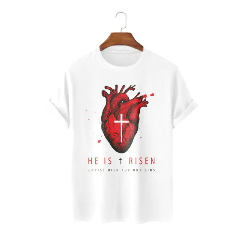 Christianartworkshop Classic Style He Is Risen Christian Heart and Cross Short Sleeve Washed T-shirt sold by Christian Art Workshop