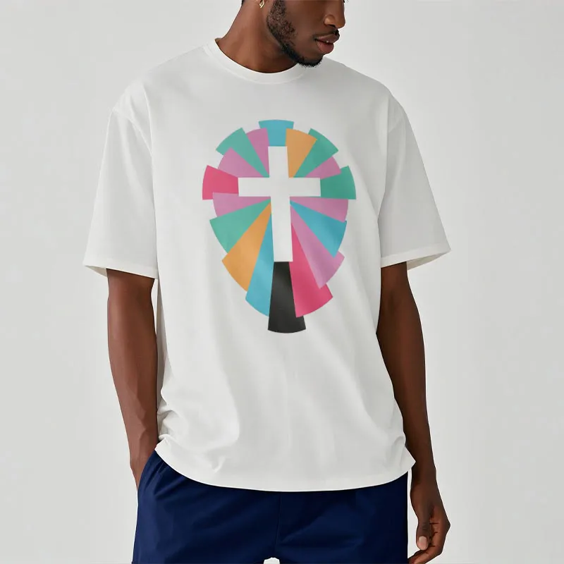 Christianartworkshop Creative Style Radiating Rays and Cross Short Sleeve Washed T-shirt sold by Christian Art Workshop product image thumbnail 3