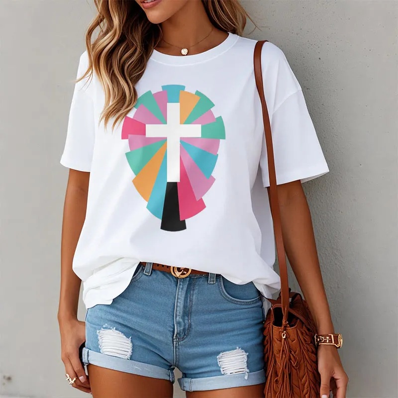 Christianartworkshop Creative Style Radiating Rays and Cross Short Sleeve Washed T-shirt sold by Christian Art Workshop product image thumbnail 4