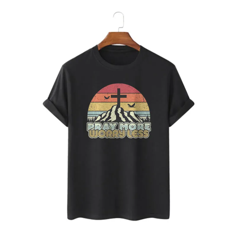Christianartworkshop Classic Style Pray More Worry Less Short Sleeve Washed T-shirt sold by Christian Art Workshop