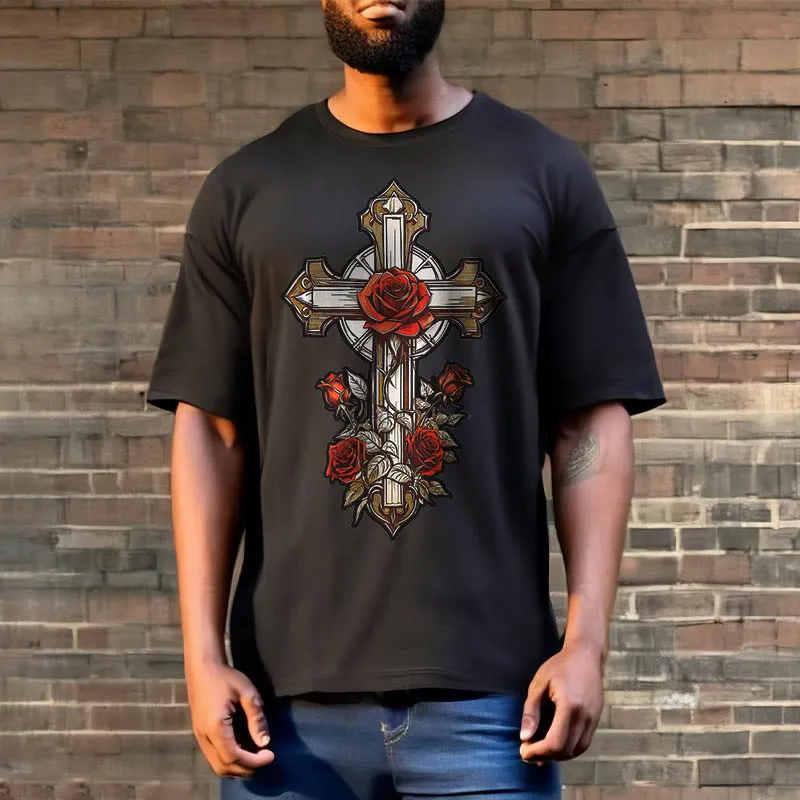 Christianartworkshop Romantic Style Redemptive Grace Cross with Roses Short Sleeve Washed T-shirt sold by Christian Art Workshop product image thumbnail 4