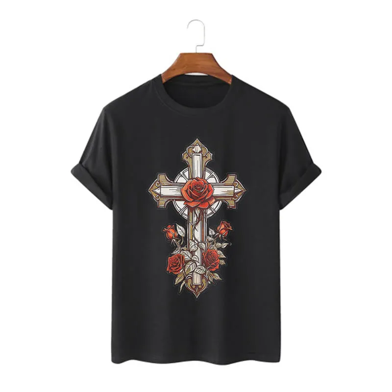 Christianartworkshop Romantic Style Redemptive Grace Cross with Roses Short Sleeve Washed T-shirt sold by Christian Art Workshop