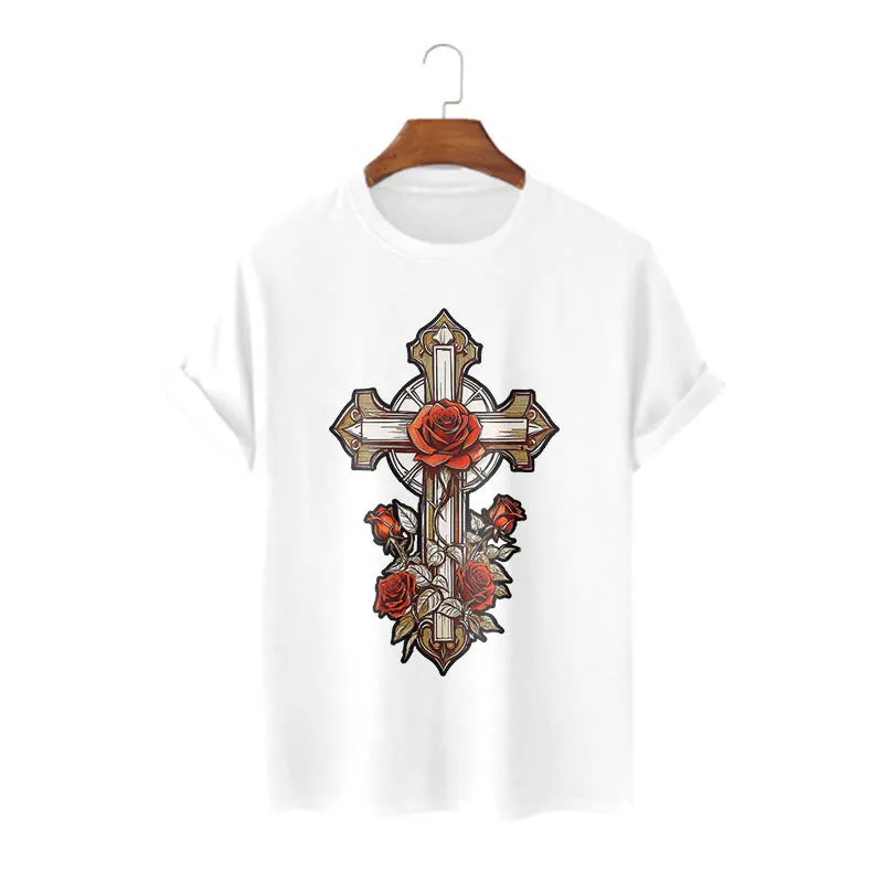 Christianartworkshop Romantic Style Redemptive Grace Cross with Roses Short Sleeve Washed T-shirt sold by Christian Art Workshop product image thumbnail 5