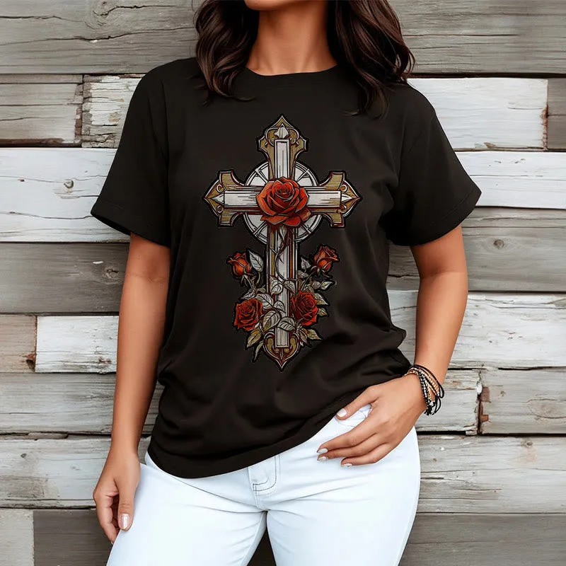 Christianartworkshop Romantic Style Redemptive Grace Cross with Roses Short Sleeve Washed T-shirt sold by Christian Art Workshop product image thumbnail 3