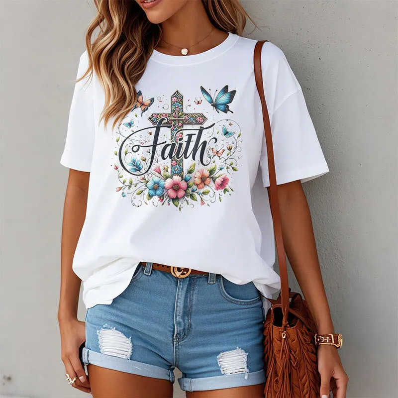 Christianartworkshop Bohemian Style Flowers and Cross Short Sleeve T-shirt sold by Christian Art Workshop product image thumbnail 4