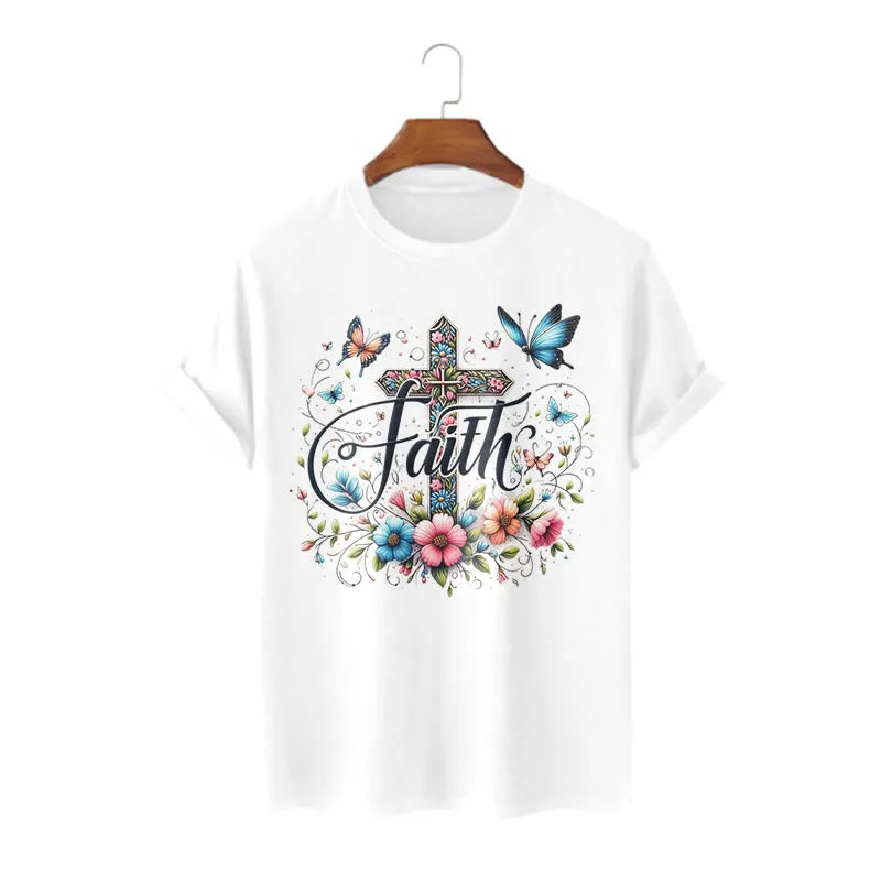 Christianartworkshop Bohemian Style Flowers and Cross Short Sleeve T-shirt sold by Christian Art Workshop product image thumbnail 3