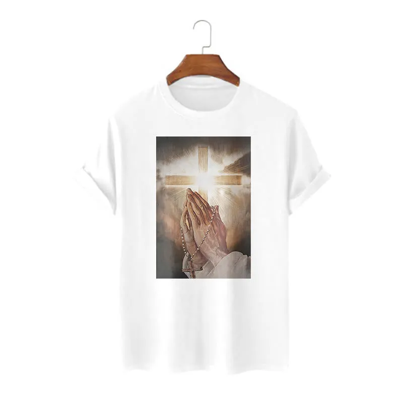Christianartworkshop Retro Style Hand of Jesus Pray Short Sleeve Washed T-shirt sold by Christian Art Workshop product image thumbnail 5
