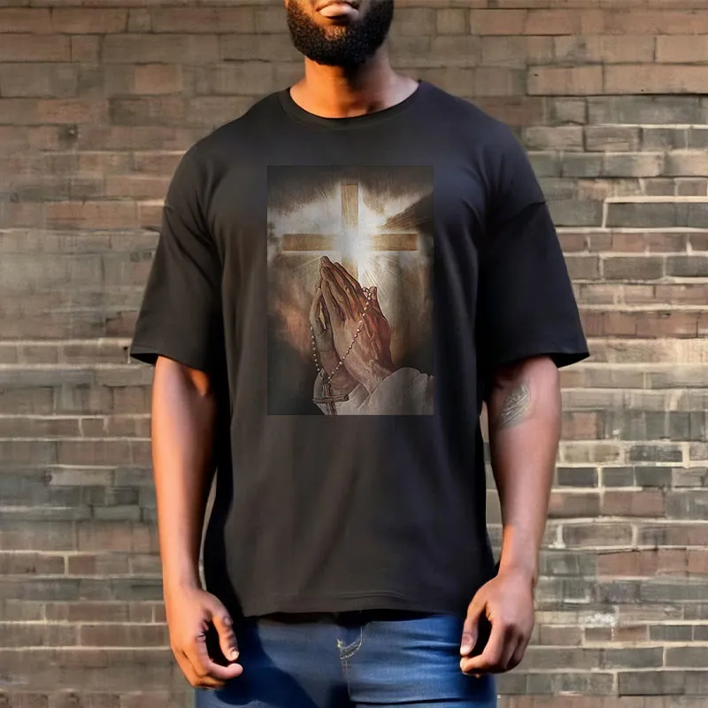 Christianartworkshop Retro Style Hand of Jesus Pray Short Sleeve Washed T-shirt sold by Christian Art Workshop product image thumbnail 2