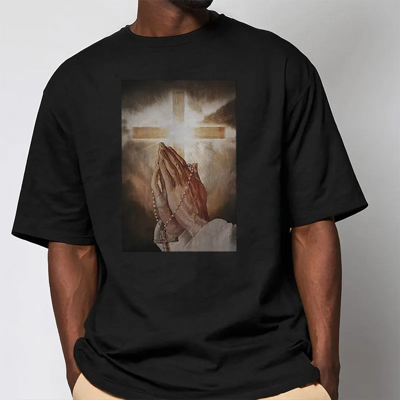 Christianartworkshop Retro Style Hand of Jesus Pray Short Sleeve Washed T-shirt sold by Christian Art Workshop product image thumbnail 3
