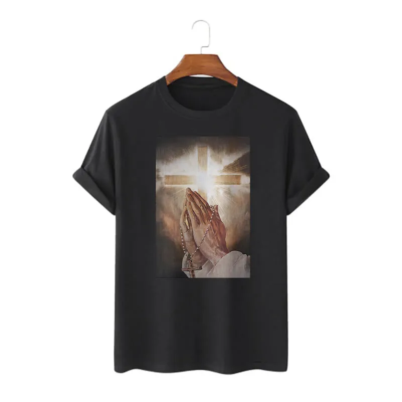 Christianartworkshop Retro Style Hand of Jesus Pray Short Sleeve Washed T-shirt sold by Christian Art Workshop