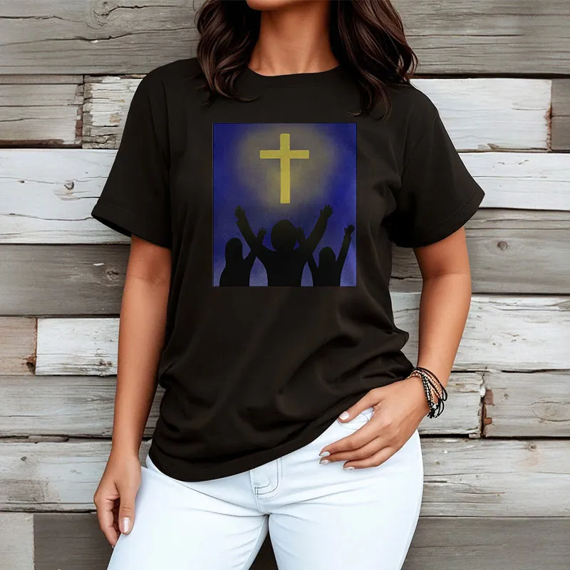 Christianartworkshop Minimalist Style Christian Faith Inspirational Cross and Worshippers Short Sleeve Washed T-shirt sold by Christian Art Workshop product image thumbnail 3