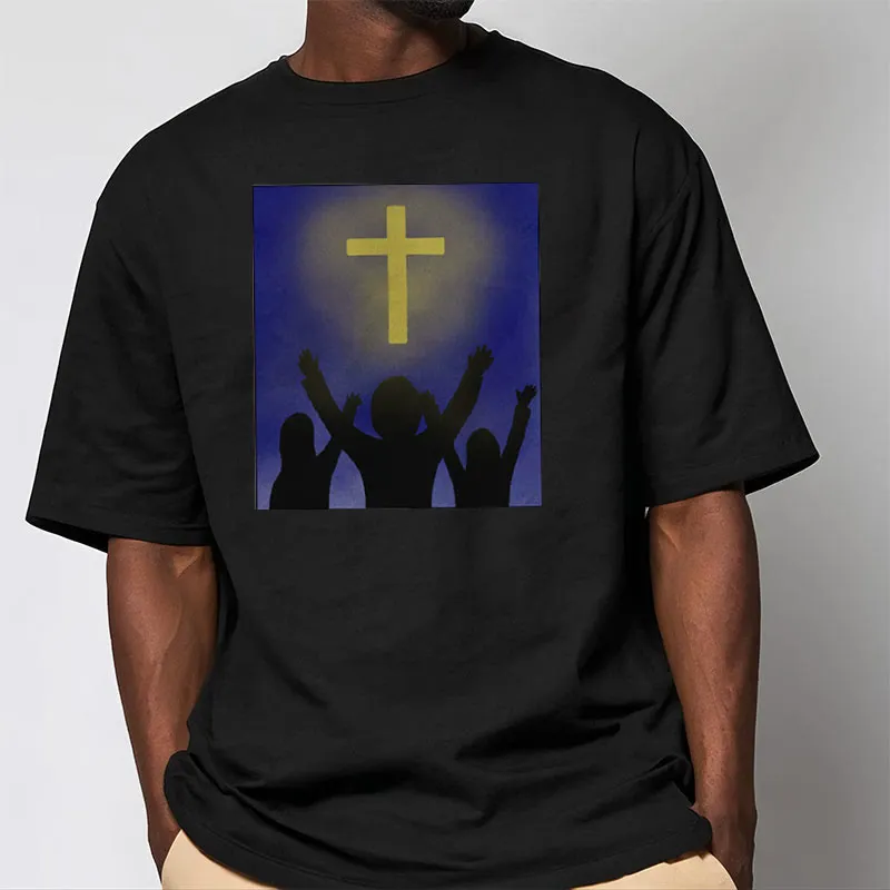 Christianartworkshop Minimalist Style Christian Faith Inspirational Cross and Worshippers Short Sleeve Washed T-shirt sold by Christian Art Workshop product image thumbnail 4