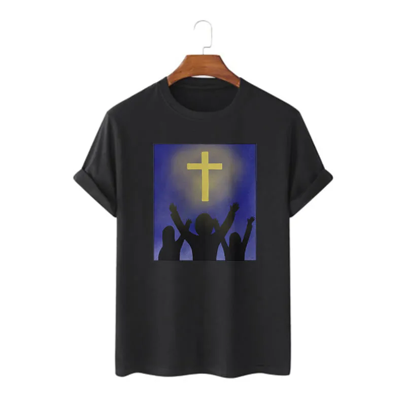 Christianartworkshop Minimalist Style Christian Faith Inspirational Cross and Worshippers Short Sleeve Washed T-shirt sold by Christian Art Workshop