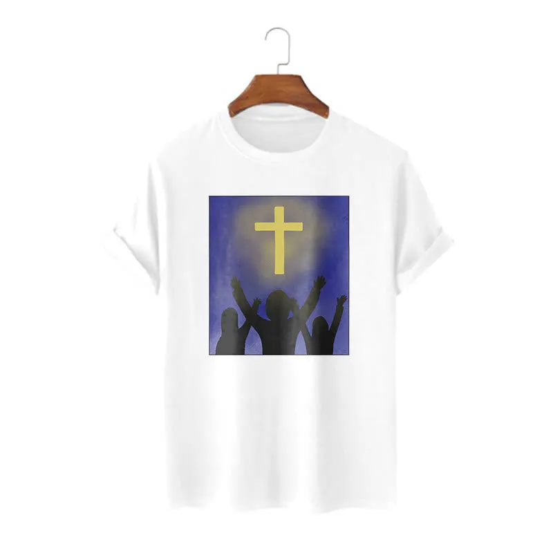 Christianartworkshop Minimalist Style Christian Faith Inspirational Cross and Worshippers Short Sleeve Washed T-shirt sold by Christian Art Workshop product image thumbnail 5