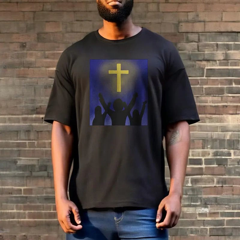 Christianartworkshop Minimalist Style Christian Faith Inspirational Cross and Worshippers Short Sleeve Washed T-shirt sold by Christian Art Workshop product image thumbnail 2