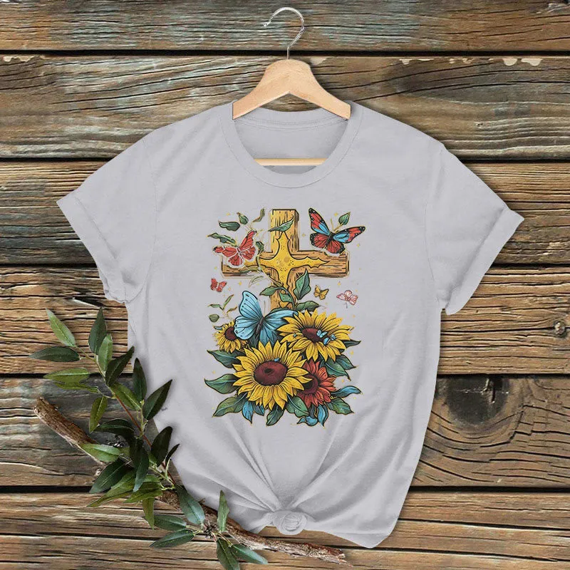Christianartworkshop Classic Colored Style Cross Sunflowers Butterflies Short Sleeve Washed T-shirt sold by Christian Art Workshop product image thumbnail 3