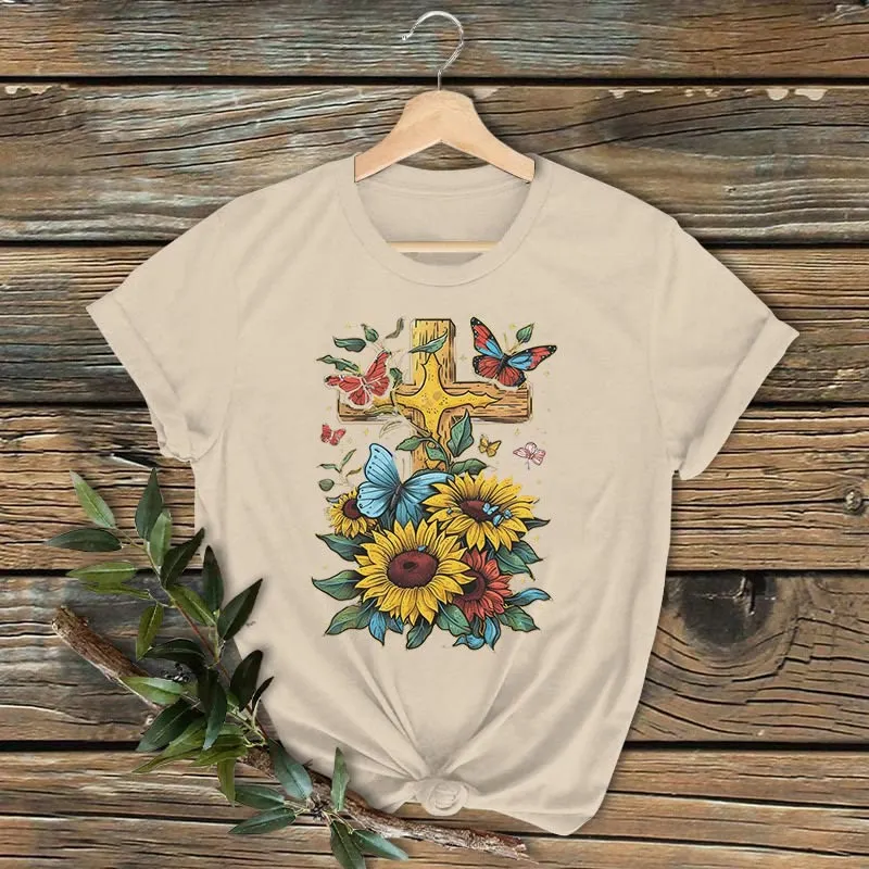 Christianartworkshop Classic Colored Style Cross Sunflowers Butterflies Short Sleeve Washed T-shirt sold by Christian Art Workshop product image thumbnail 4