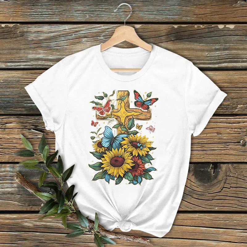 Christianartworkshop Classic Colored Style Cross Sunflowers Butterflies Short Sleeve Washed T-shirt sold by Christian Art Workshop