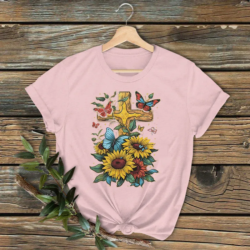 Christianartworkshop Classic Colored Style Cross Sunflowers Butterflies Short Sleeve Washed T-shirt sold by Christian Art Workshop product image thumbnail 5