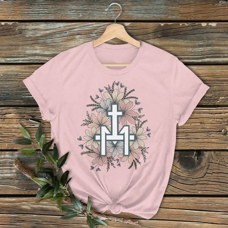 Christianartworkshop Classic Colored Style Floral Marian Cross Short Sleeve Washed T-shirt sold by Christian Art Workshop product image thumbnail 4