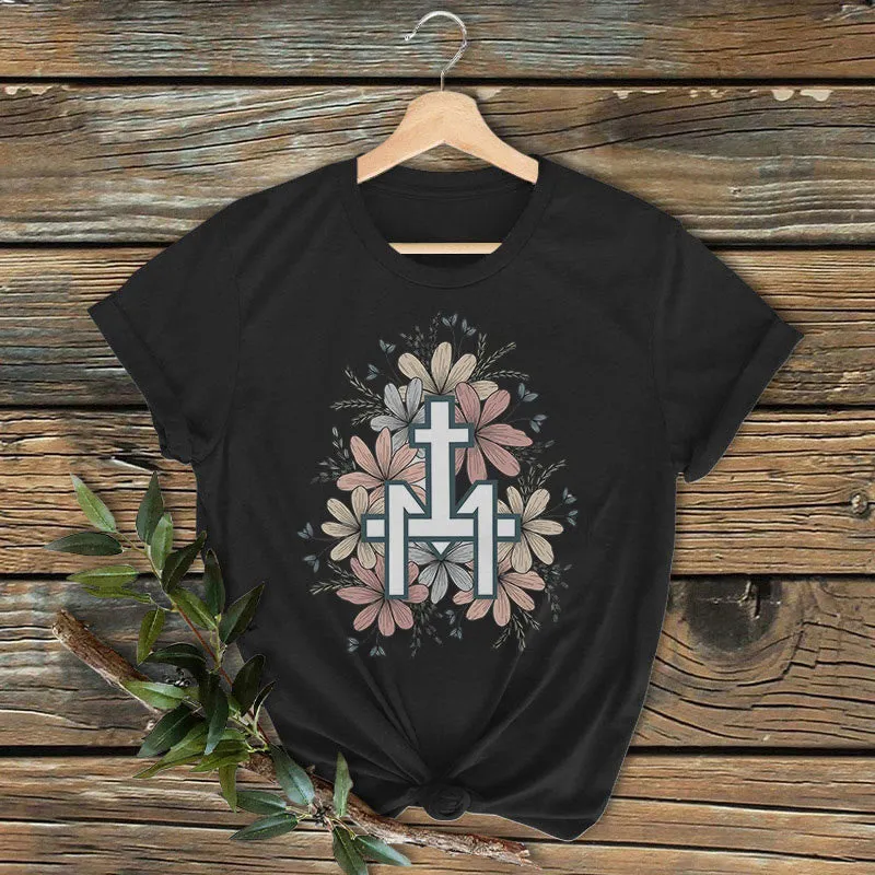 Christianartworkshop Classic Colored Style Floral Marian Cross Short Sleeve Washed T-shirt sold by Christian Art Workshop product image thumbnail 2