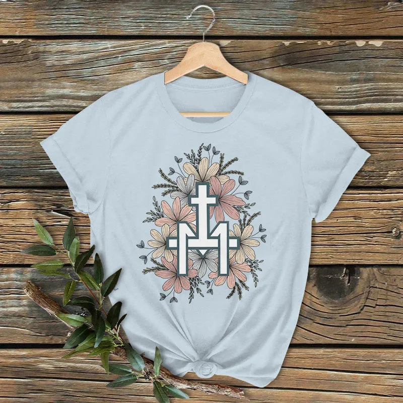 Christianartworkshop Classic Colored Style Floral Marian Cross Short Sleeve Washed T-shirt sold by Christian Art Workshop product image thumbnail 5