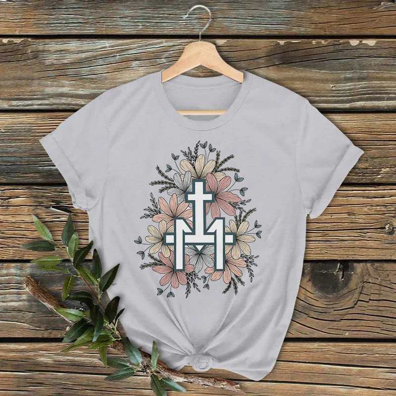 Christianartworkshop Classic Colored Style Floral Marian Cross Short Sleeve Washed T-shirt sold by Christian Art Workshop product image thumbnail 3