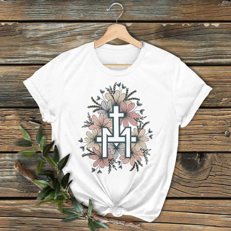 Christianartworkshop Classic Colored Style  Floral Marian Cross Short Sleeve Washed T-shirt sold by Christian Art Workshop