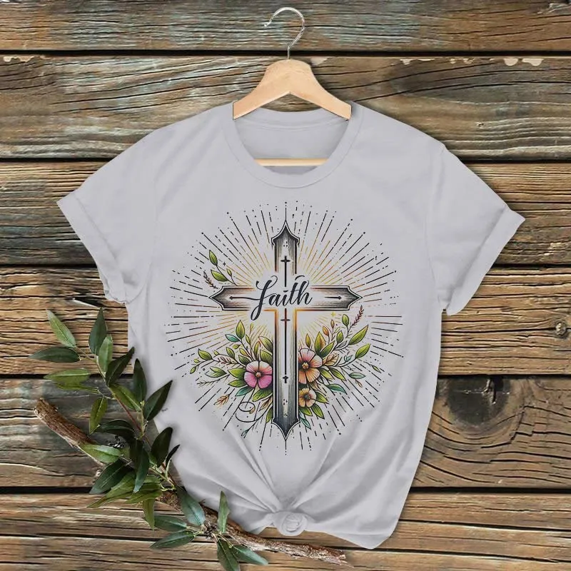 Christianartworkshop Classic Colored Style Floral Cross Short Sleeve Washed T-shirt sold by Christian Art Workshop product image thumbnail 3