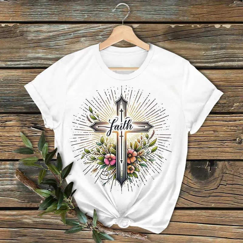 Christianartworkshop Classic Colored Style Floral Cross Short Sleeve Washed T-shirt sold by Christian Art Workshop