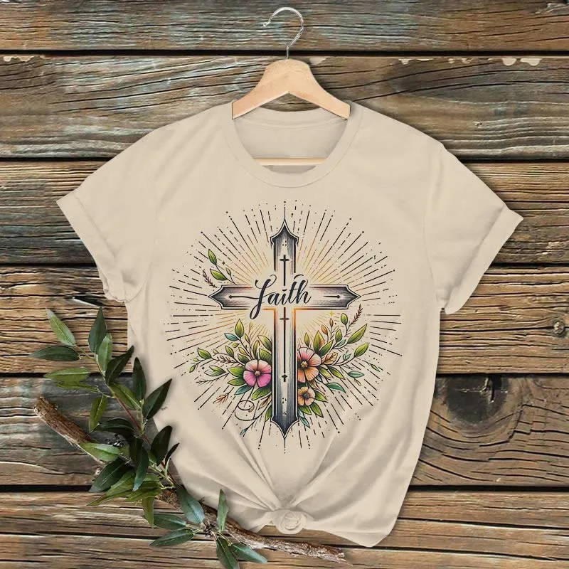 Christianartworkshop Classic Colored Style Floral Cross Short Sleeve Washed T-shirt sold by Christian Art Workshop product image thumbnail 2