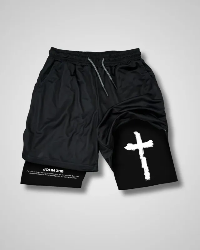 Christianartworkshop John 3:16 Cross Performance Shorts sold by Christian Art Workshop