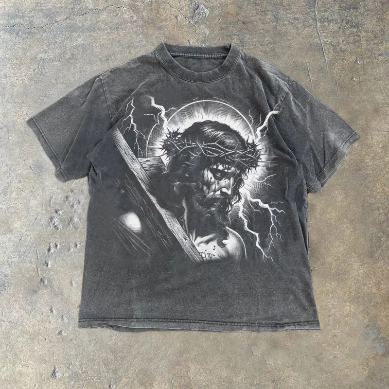 Christianartworkshop Jesus Holding Cross Vintage 90s Graphic T-shirt sold by Christian Art Workshop