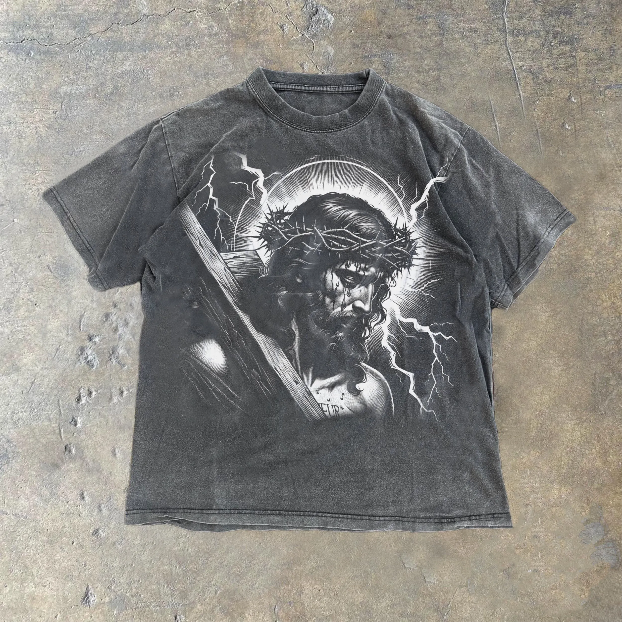 Christianartworkshop Jesus Holding Cross Vintage 90s Graphic T-shirt sold by Christian Art Workshop