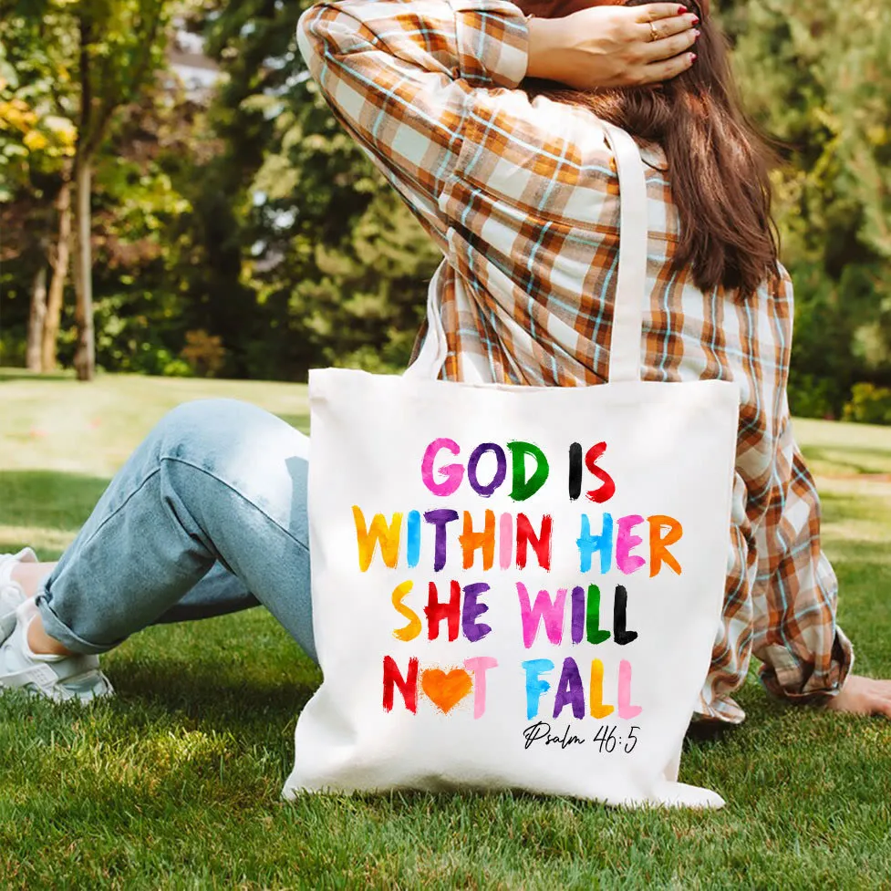 Christianartworkshop God Is Within Her Christian Canvas Tote Bag sold by Christian Art Workshop product image thumbnail 5