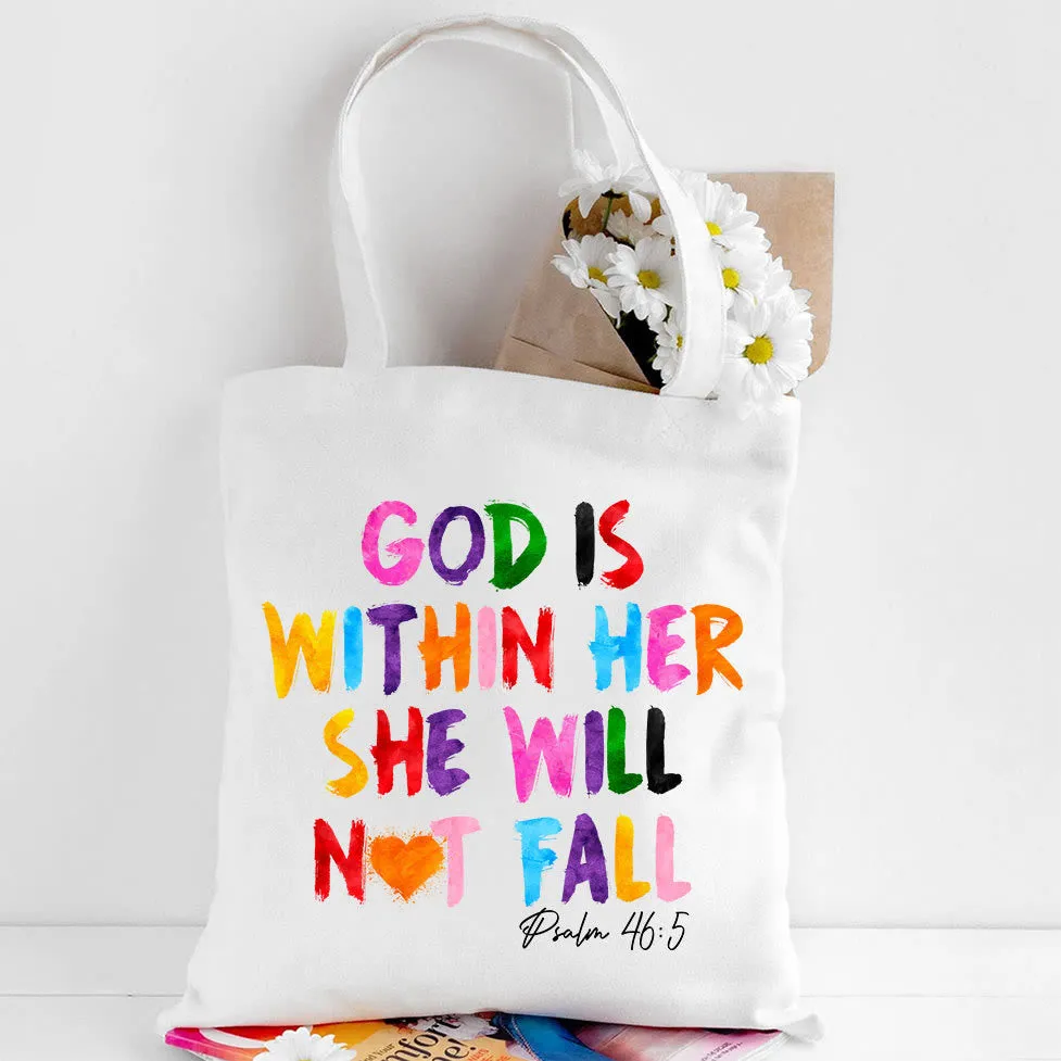 Christianartworkshop God Is Within Her Christian Canvas Tote Bag sold by Christian Art Workshop product image thumbnail 3