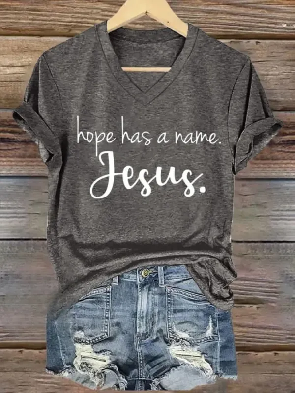 Christianartworkshop Hope Has A Name Jesus Print V-Neck T-shirt sold by Christian Art Workshop