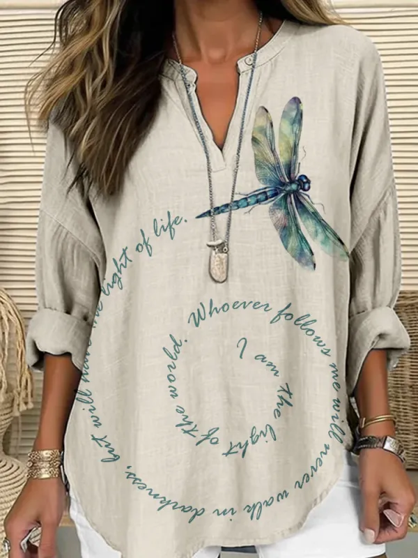Christianartworkshop Eternal Light Dragonfly Linen Shirt – Walk in Faith and Grace sold by Christian Art Workshop