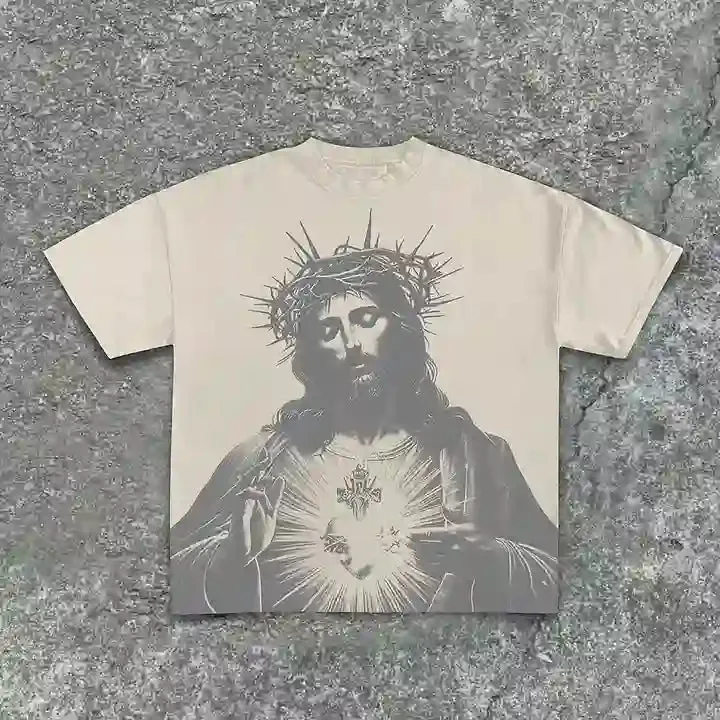 Christianartworkshop Vintage Jesus Print Round Neck Cotton T-Shirt sold by Christian Art Workshop product image thumbnail 5