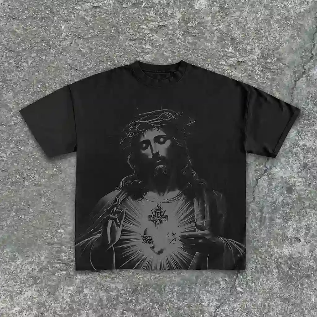 Christianartworkshop Vintage Jesus Print Round Neck Cotton T-Shirt sold by Christian Art Workshop